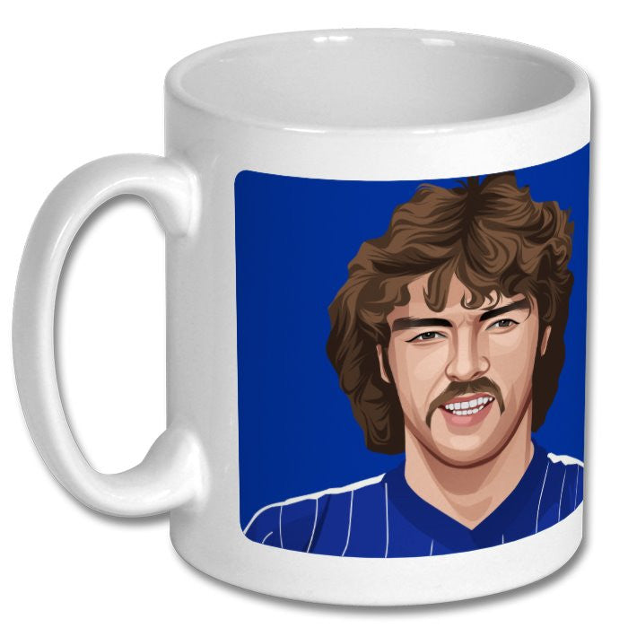 Retrotext Ipswich Town 1978 FA Cup winner ceramic mug featuring a detailed player portrait on a blue background
