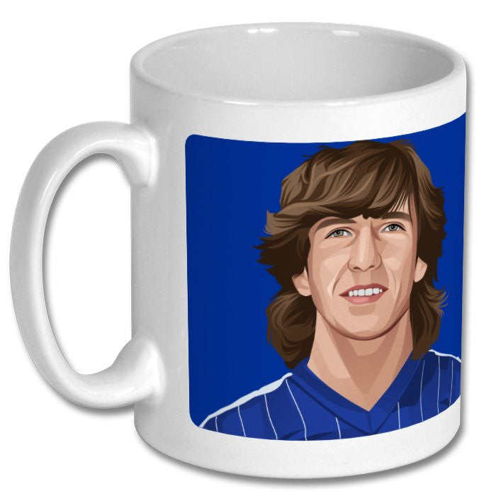Retrotext white ceramic mug featuring a detailed illustration of an Ipswich Town football player on a blue background