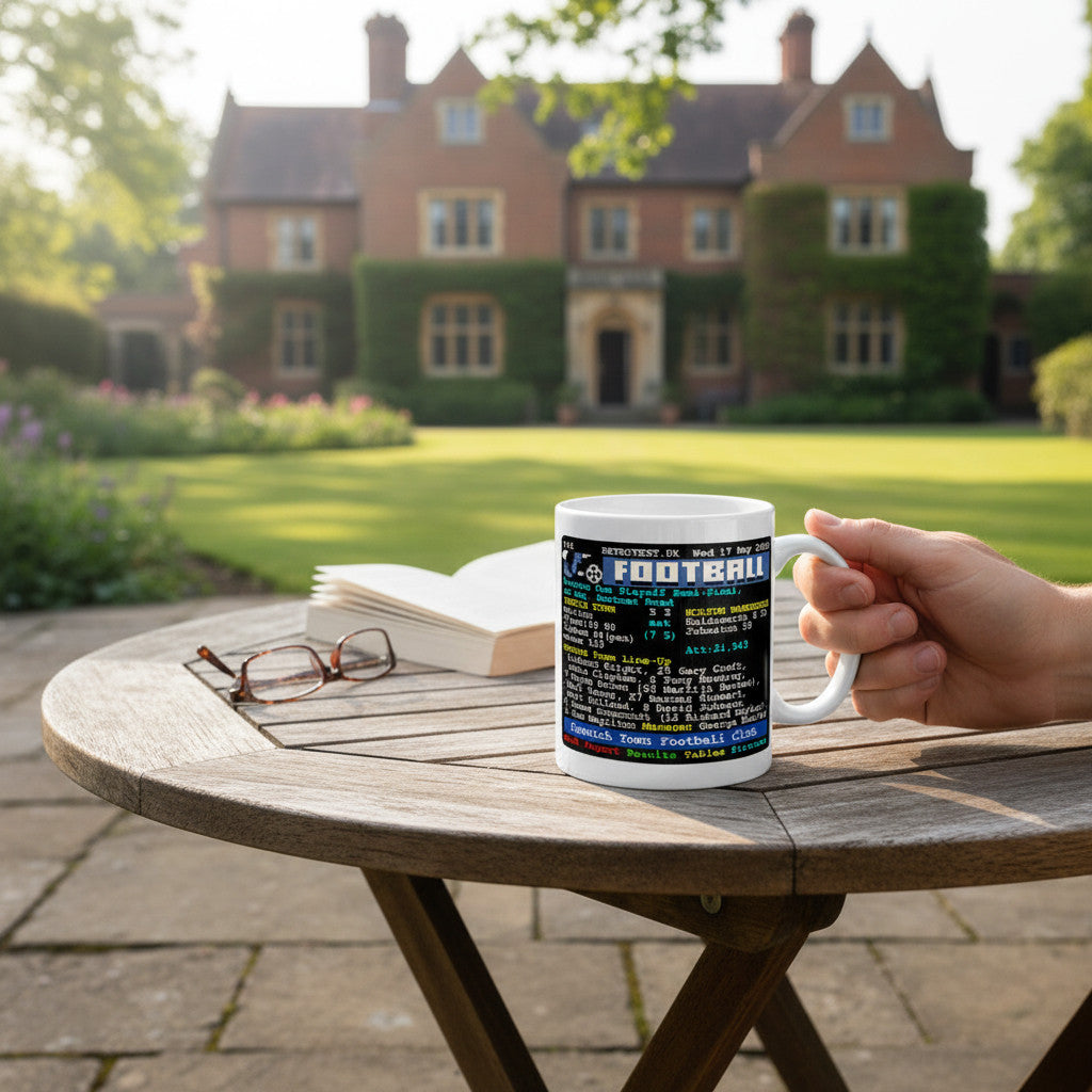 Retrotext Ipswich Town 2000 playoff semi-final Teletext mug on a wooden table in a garden setting.