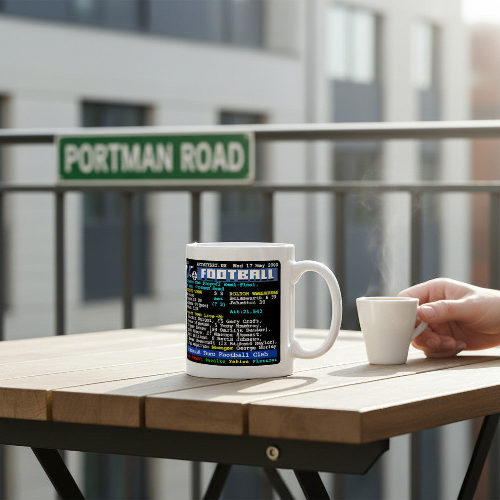 Retrotext Ipswich Town 2000 playoff semi-final ceramic mug with teletext design on a balcony table with a Portman Road sign