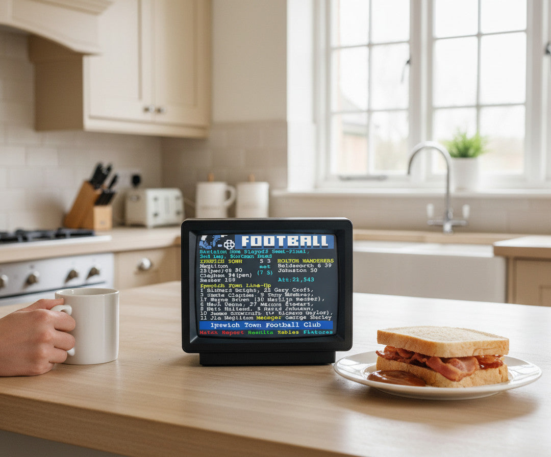 Retrotext ceramic mug featuring a nostalgic 2000 Ipswich Town playoff teletext score screen on a kitchen counter