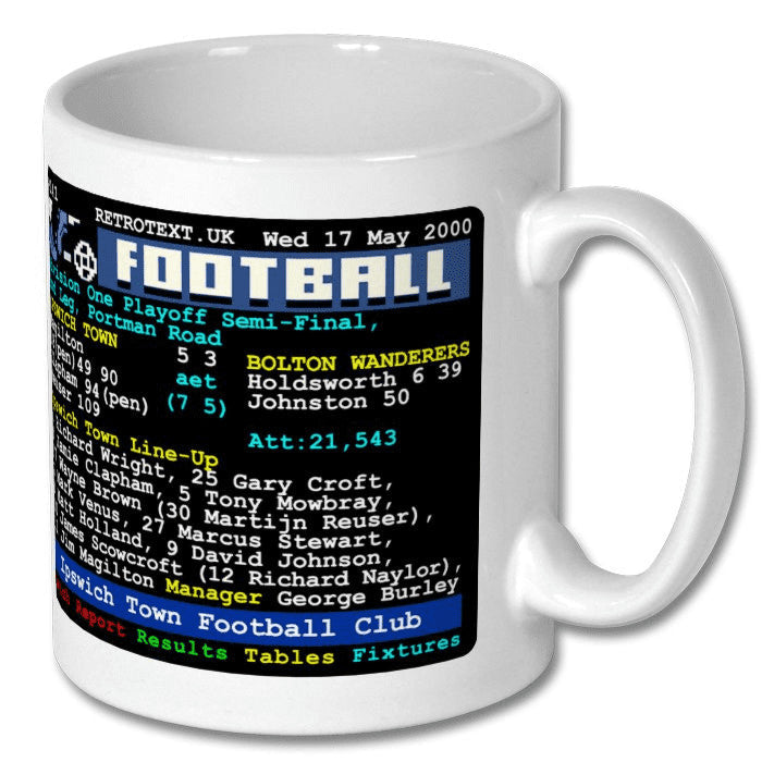 Retrotext Ipswich Town 2000 playoff semi-final ceramic mug featuring a nostalgic teletext score graphic