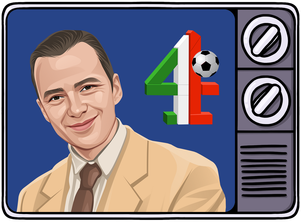 Retrotext book cover illustration featuring a man in a suit next to a vintage television and Italia 90 logo