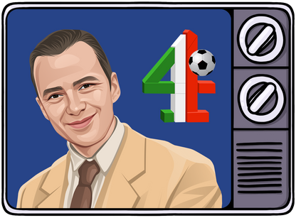 Retrotext book cover illustration featuring a man in a suit next to a vintage television and Italia 90 logo