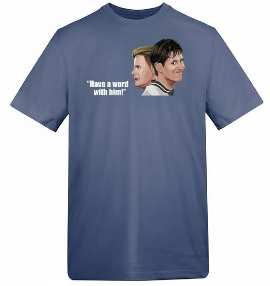 Retrotext blue cotton t-shirt featuring a graphic of Paul Gascoigne and Gary Lineker with the text Have a word with him