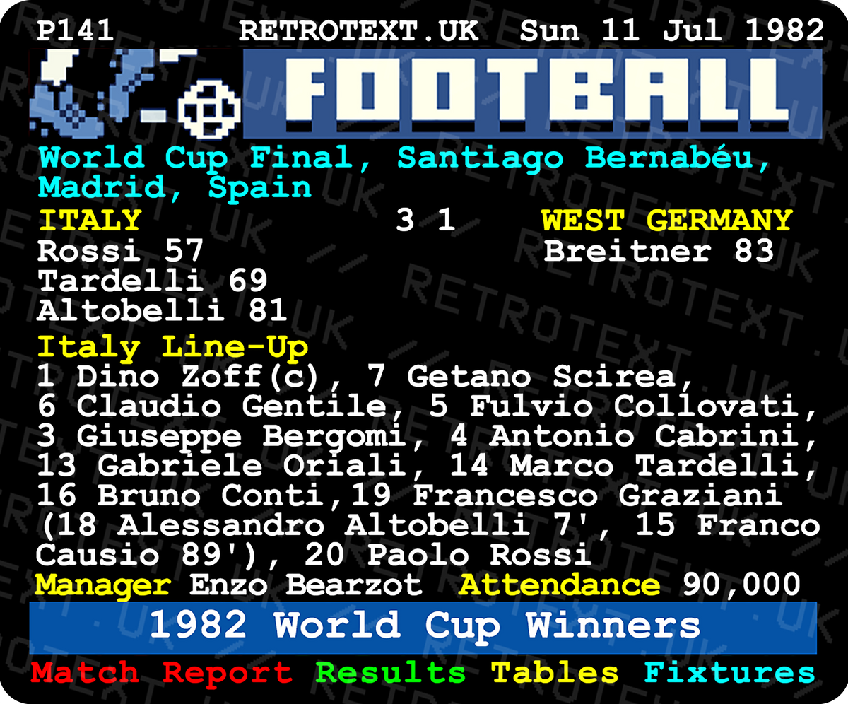 Retrotext Italy 1982 World Cup final teletext design on a glossy white 11oz ceramic mug