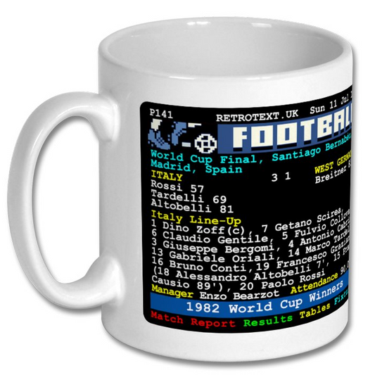 Retrotext 11oz glossy white ceramic mug featuring a 1982 Italy World Cup final teletext match report design