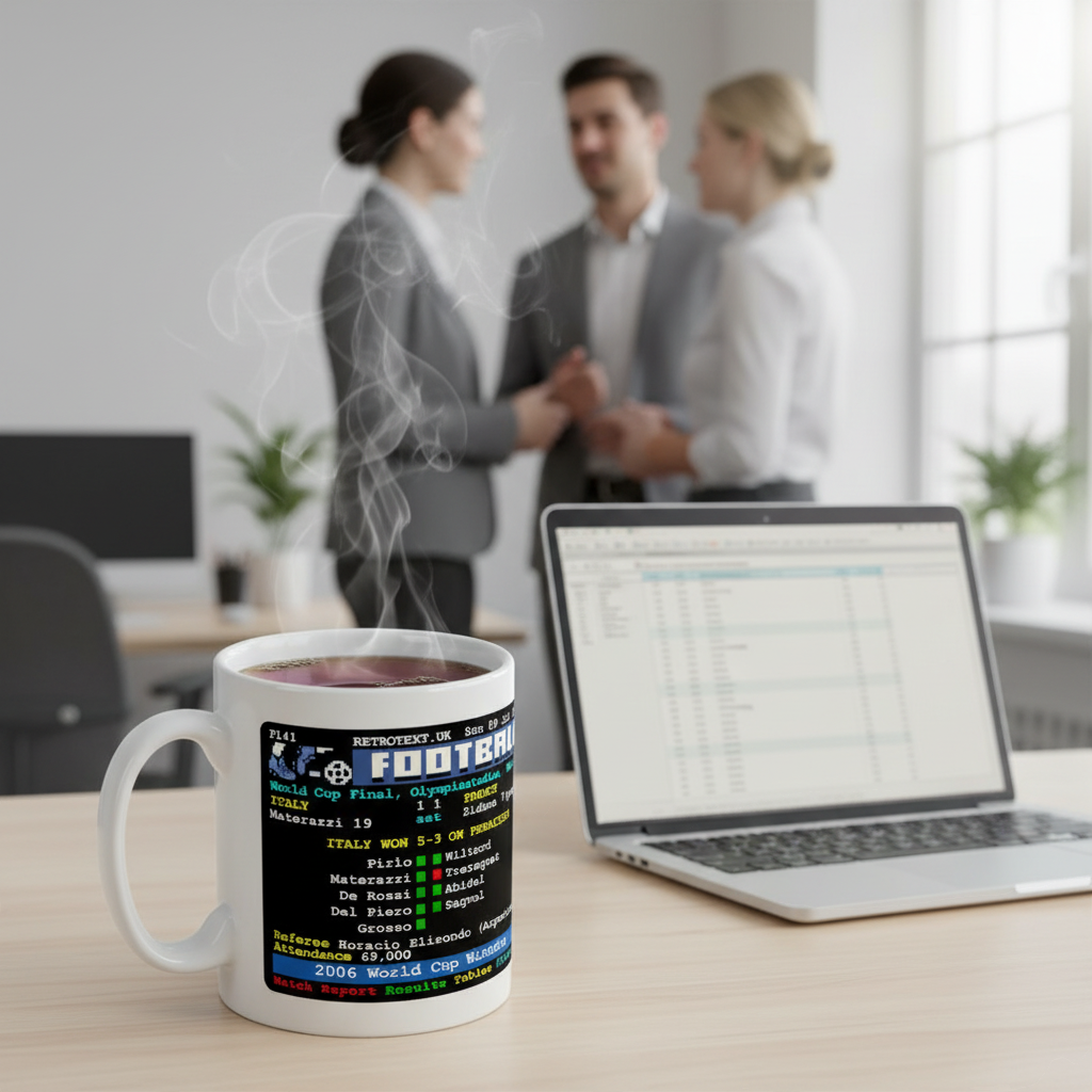 Retrotext 11oz glossy white mug featuring a 2006 Italy World Cup final teletext design on an office desk.