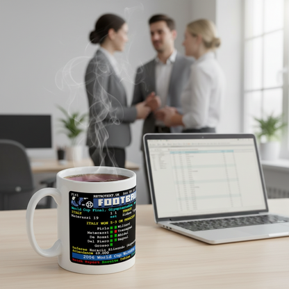 Retrotext 11oz glossy white mug featuring a 2006 Italy World Cup final teletext design on an office desk.