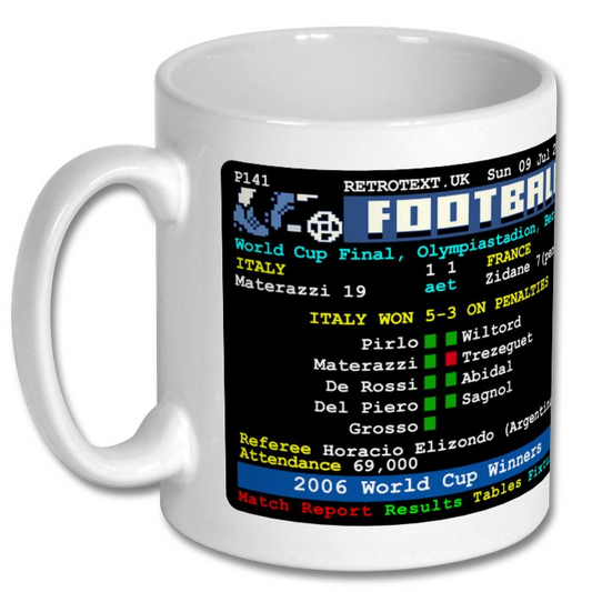 Retrotext 11oz glossy white ceramic mug featuring a 2006 World Cup Italy victory teletext match report graphic