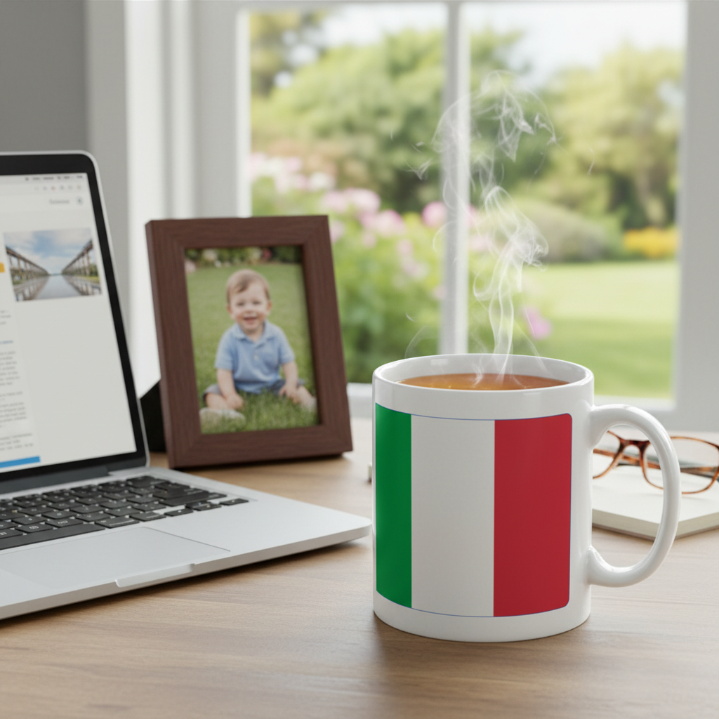 Retrotext Italy 1982 World Cup winners mug with Italian flag design, steaming on a wooden desk near a laptop.