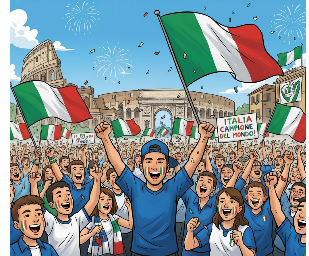 Retrotext Italy 2006 World Cup winners mug featuring a vibrant illustration of cheering fans celebrating in Rome.