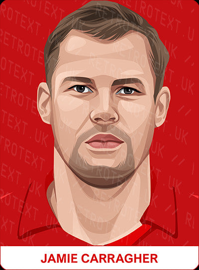 Retrotext personalised Liverpool Legends mug featuring a digital illustration of Jamie Carragher on a red background