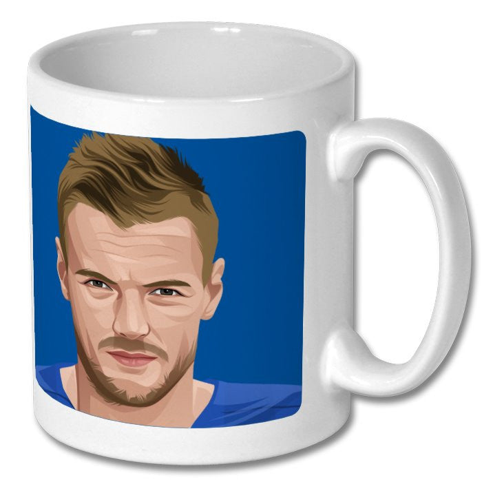 Retrotext glossy white 11oz ceramic mug featuring a digital illustration of Leicester City striker Jamie Vardy