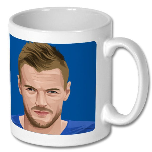 Retrotext glossy white 11oz ceramic mug featuring a digital illustration of Leicester City striker Jamie Vardy