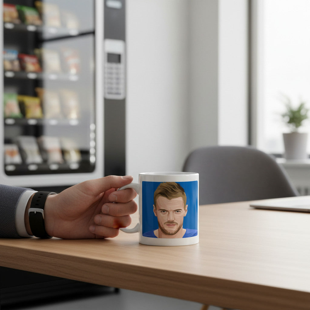 Retrotext white ceramic mug featuring a graphic illustration of Jamie Vardy in his Leicester City kit