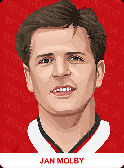 Retrotext personalised Liverpool Legends mug featuring a digital illustration of Jan Molby on a red background