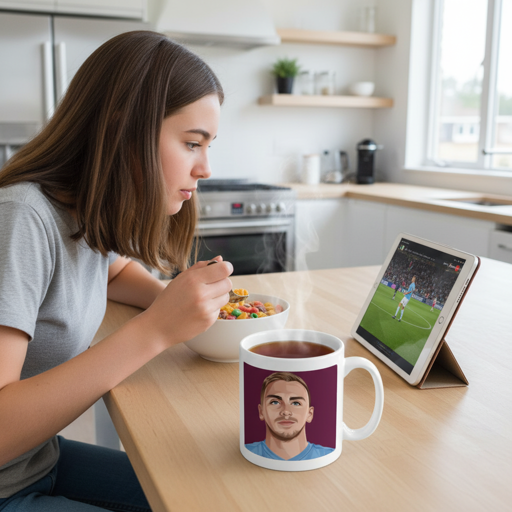 Retrotext West Ham United Jarrod Bowen ceramic mug on a kitchen table while a woman eats breakfast and watches football