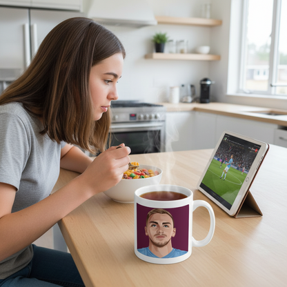 Retrotext West Ham United Jarrod Bowen ceramic mug on a kitchen table while a woman eats breakfast and watches football