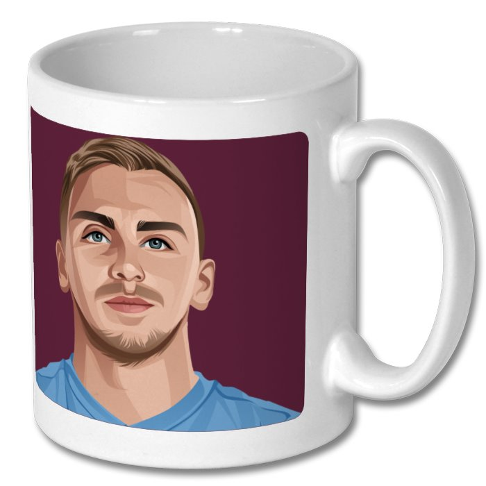 Retrotext West Ham United Jarrod Bowen ceramic mug featuring a vibrant illustration of the player on a claret background