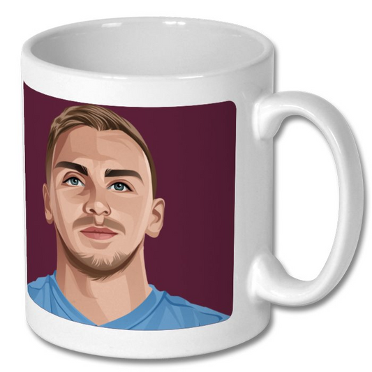 Retrotext West Ham United Jarrod Bowen ceramic mug featuring a vibrant illustration of the player on a claret background