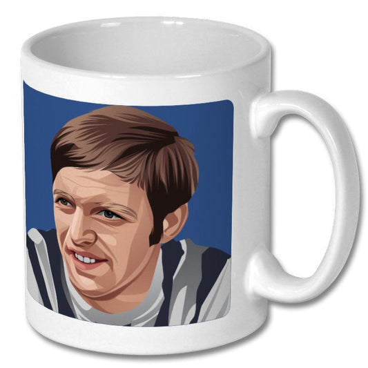 Retrotext white ceramic mug featuring a detailed illustration of West Brom legend Jeff Astle from the 1968 FA Cup win.