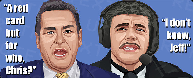 Retrotext 11oz glossy white mug featuring cartoon illustrations of Jeff Stelling and Chris Kamara with famous quotes.