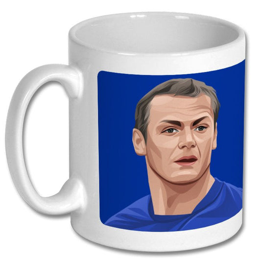 Retrotext Ipswich Town ceramic mug featuring a Jim Magilton illustration on a blue background