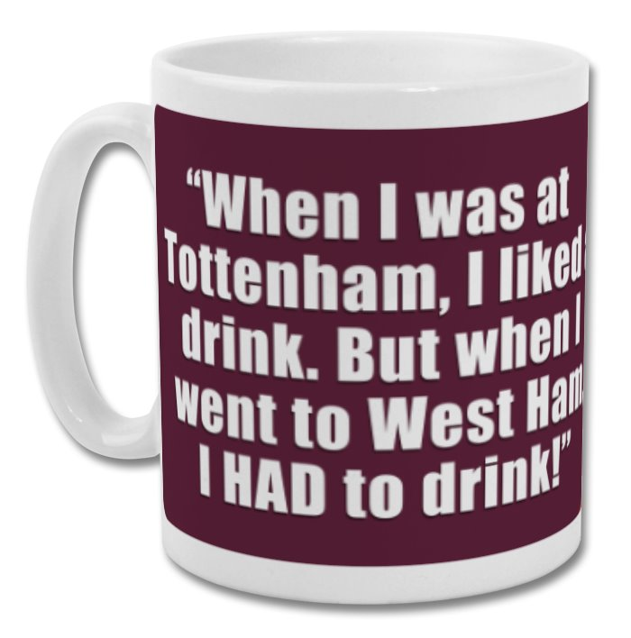Retrotext West Ham United Jimmy Greaves quote mug with a glossy white finish and maroon wraparound text design.