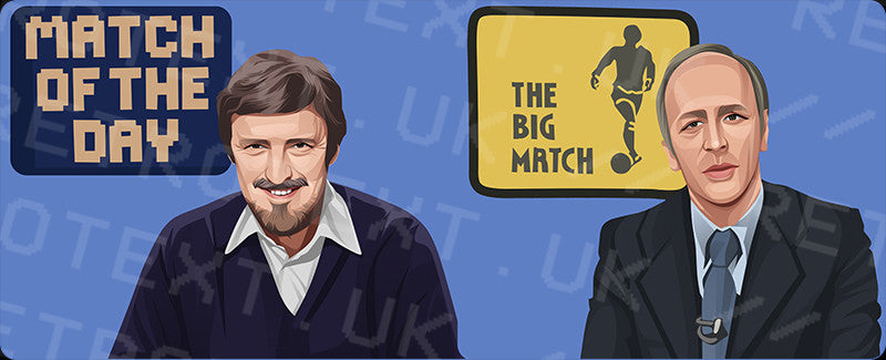 Retrotext 11oz glossy white mug featuring illustrated portraits of football broadcasters Jimmy Hill and Brian Moore.