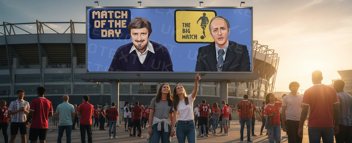 Retrotext mug featuring illustrations of football legends Jimmy Hill and Brian Moore with iconic show logos