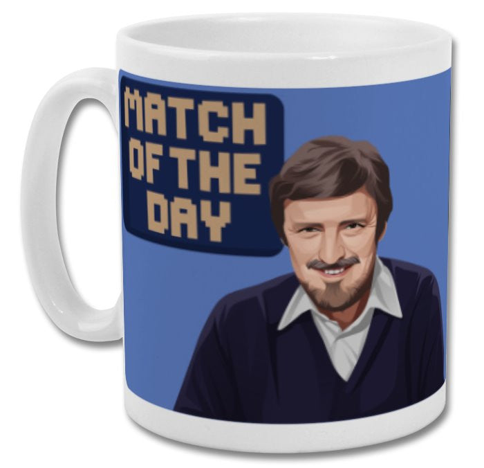 Retrotext 11oz glossy white ceramic mug featuring a graphic illustration of Jimmy Hill and Match of the Day logo