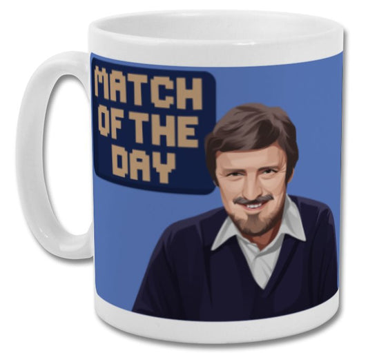 Retrotext 11oz glossy white ceramic mug featuring a graphic illustration of Jimmy Hill and Match of the Day logo