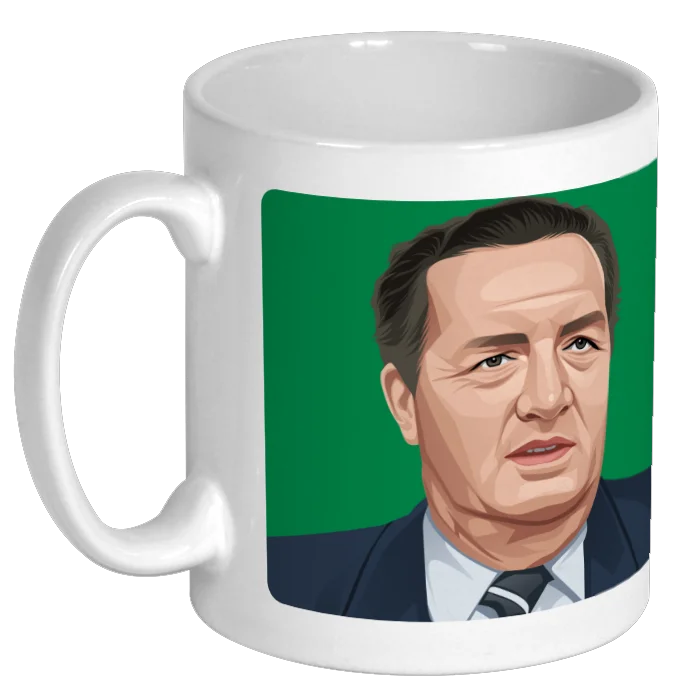 Retrotext ceramic mug featuring an illustration of Jock Stein against a green background, celebrating Celtic FC.