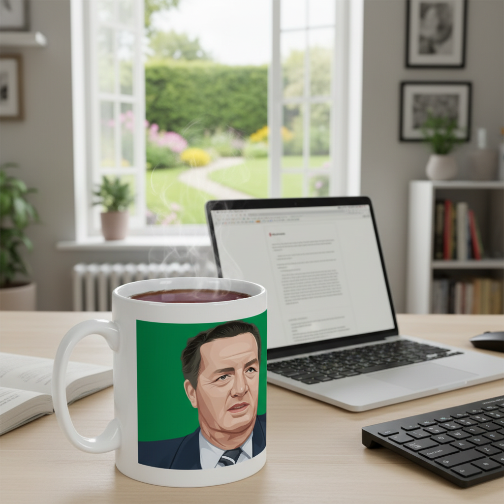 Retrotext ceramic mug featuring an illustration of Jock Stein on a desk with a laptop in a bright home office