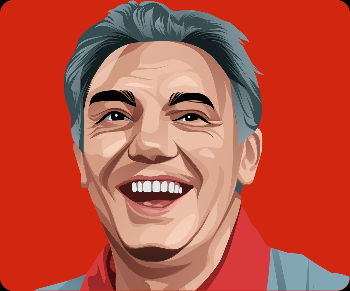Retrotext Liverpool 1984 champion Joe Fagan illustration on a ceramic mug with a vibrant red background