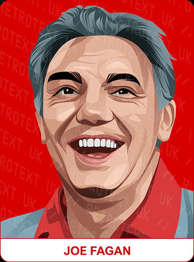 Retrotext personalised Liverpool Legends mug featuring a vibrant illustrated portrait of Joe Fagan on a red background