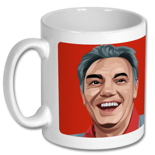 Retrotext ceramic mug featuring a vibrant illustration of Joe Fagan on a red background