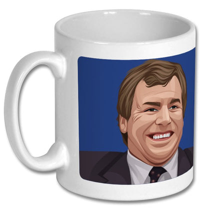 Retrotext white ceramic mug featuring a graphic illustration of Everton manager Joe Royle from the 1995 FA Cup win.