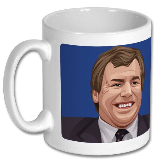 Retrotext white ceramic mug featuring a graphic illustration of Everton manager Joe Royle from the 1995 FA Cup win.