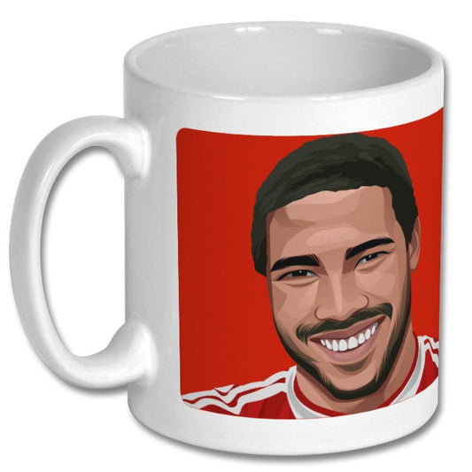 Retrotext white ceramic mug featuring a graphic illustration of John Barnes in a Liverpool kit on a red background