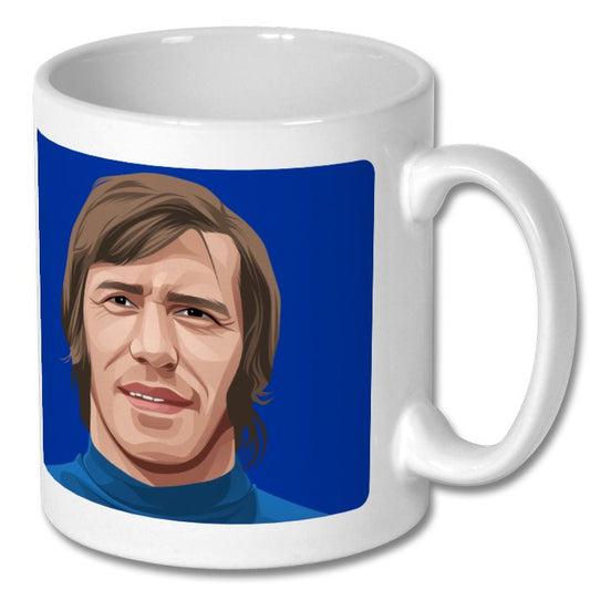 Retrotext ceramic mug featuring an illustration of Rangers captain John Greig on a blue background