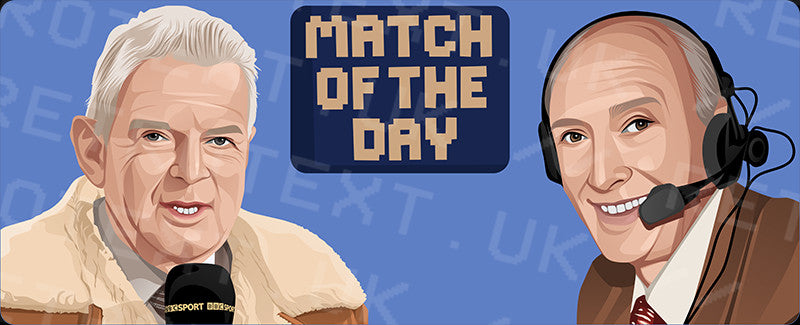 Retrotext 11oz glossy white mug featuring illustrated portraits of commentators John Motson and Barry Davies
