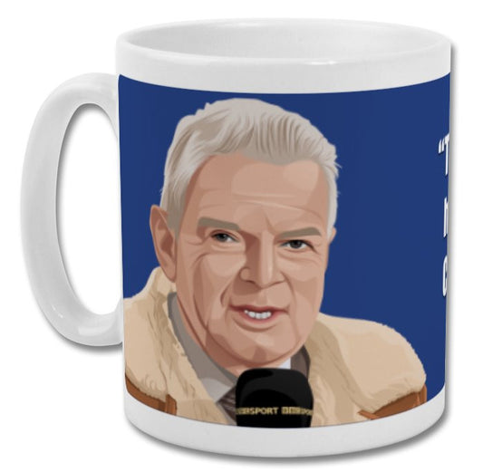 Retrotext white 11oz ceramic mug featuring a John Motson illustration with his famous Crazy Gang quote