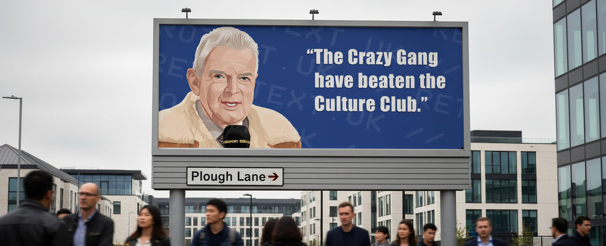 Retrotext John Motson Crazy Gang quote mug featuring a glossy white finish and iconic football commentary graphic