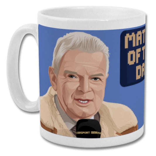 Retrotext 11oz glossy white ceramic mug featuring a graphic illustration of football commentator John Motson