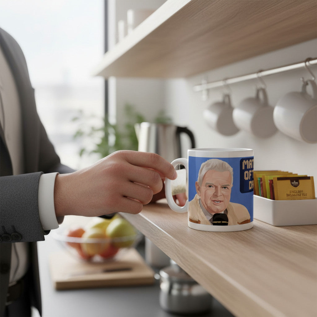 Retrotext glossy white 11oz mug featuring a portrait of John Motson, held by a person in a kitchen setting.