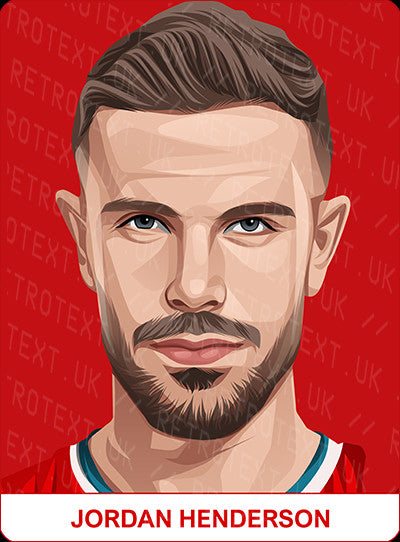Retrotext personalised Liverpool Legends mug featuring a digital illustration of Jordan Henderson on a red background.