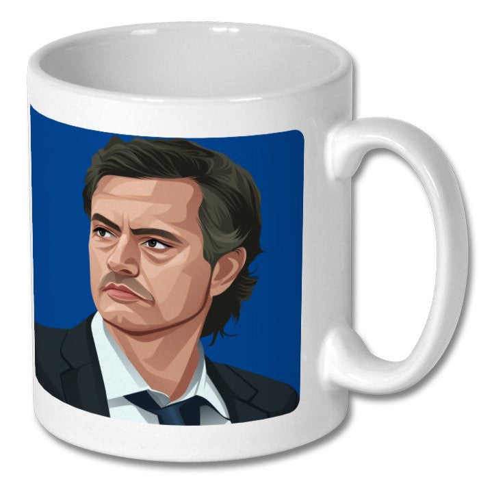Retrotext white ceramic mug featuring a graphic illustration of Jose Mourinho for Chelsea 2015 League Cup win.