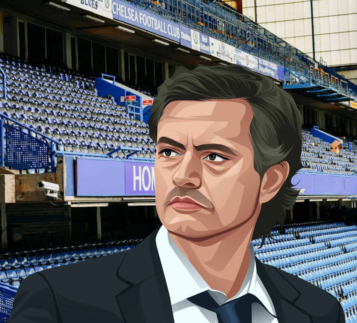 Retrotext Chelsea 2005 Premier League Champions mug featuring a detailed illustration of Jose Mourinho at Stamford Bridge